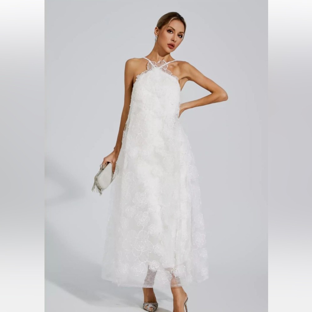 White Floral Appliqué Halter Midi Dress